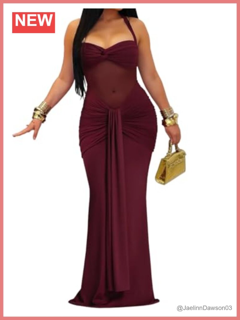 Elegant Ruched Wrap Hip Sleeveless Bodycon Mesh See Through Evening Party Maxi